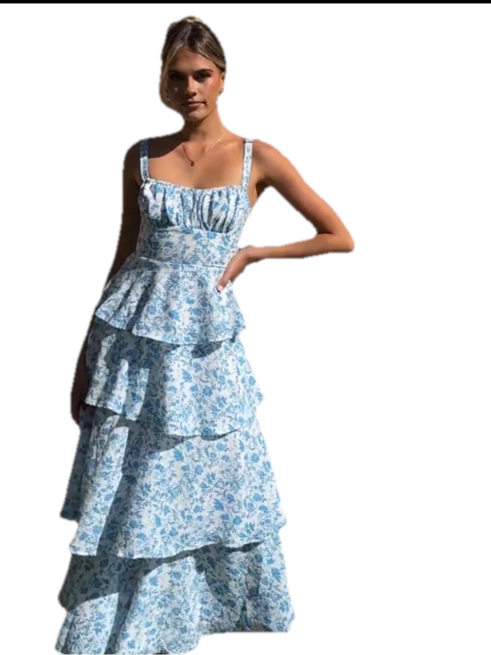 Billy J Page Maxi Dress Blue Floral Tiered Ruffle Sleeveless Cottagecore Boho - Picture 2 of 7